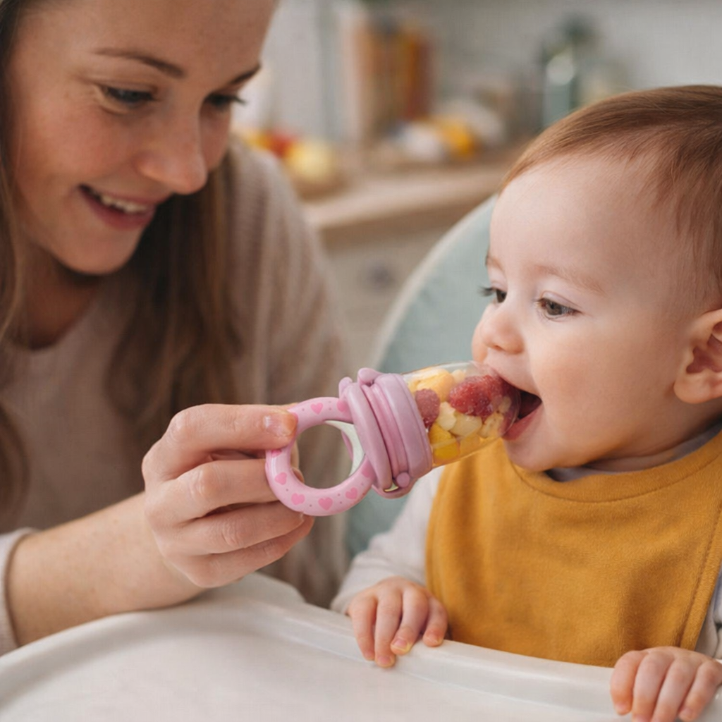 Anneau Grignoteur Bébé en Silicone – Découverte Alimentaire Sécurisée / Fruit & Légumes