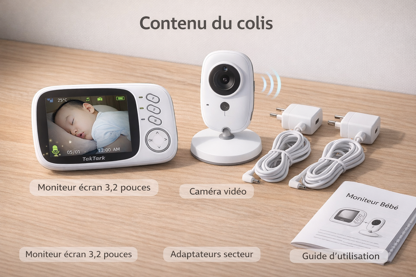 Moniteur Bébé Vidéo 3.2’’ – Vision Nocturne & Détection Température | Audio Bidirectionnel