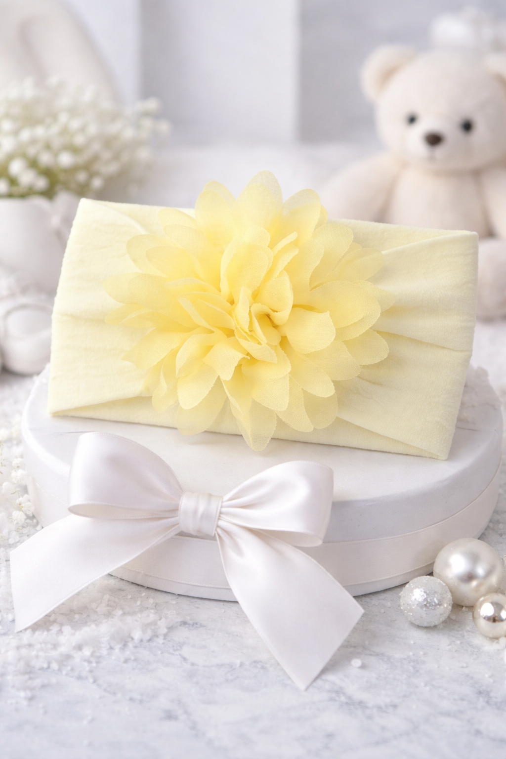 Bandeau Bébé Fleur en Mousseline – Accessoire Cheveux (0–24 mois)