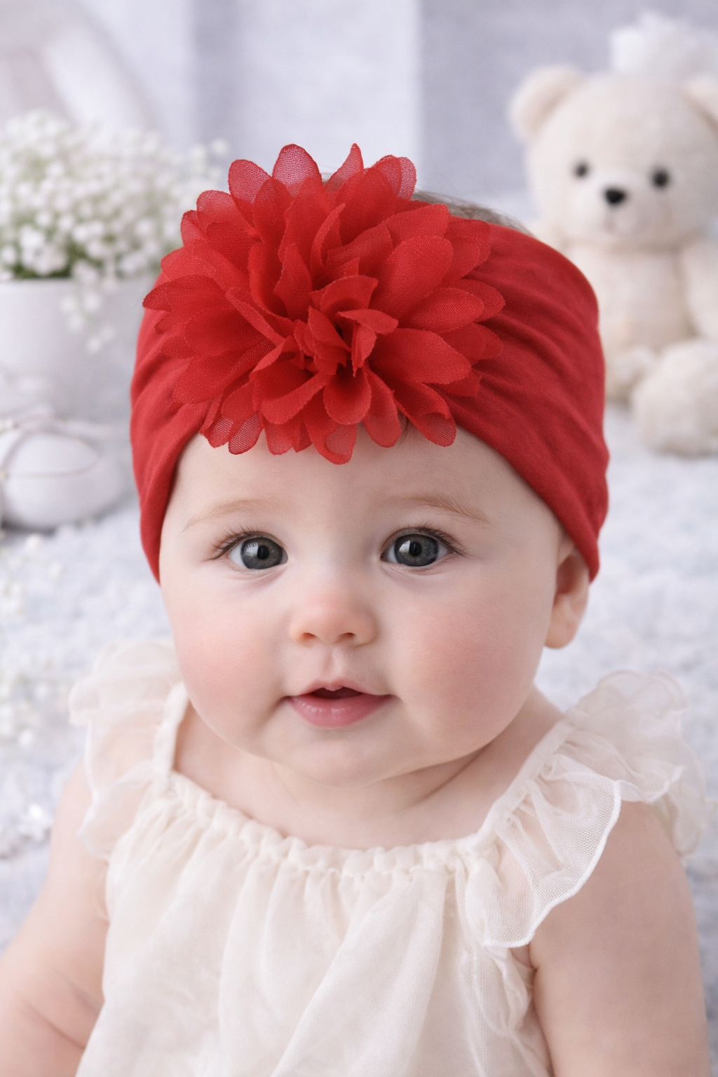 Bandeau Bébé Fleur en Mousseline – Accessoire Cheveux (0–24 mois)