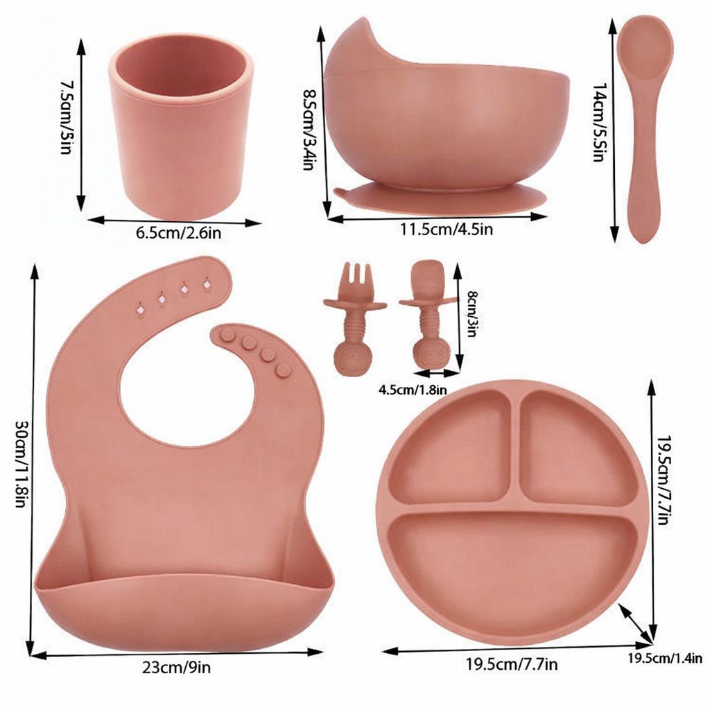 Ensemble Repas Bébé en Silicone – Bavoir, Assiette, Bol, Tasse & Cuillères | Sans BPA
