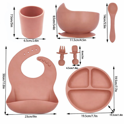 Ensemble Repas Bébé en Silicone – Bavoir, Assiette, Bol, Tasse & Cuillères | Sans BPA