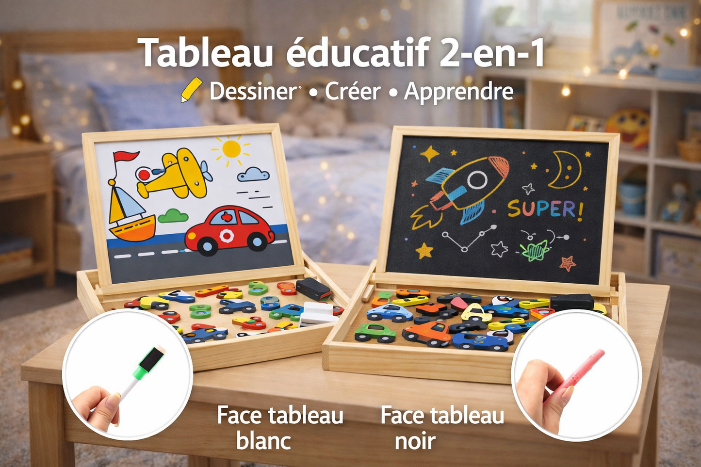 Tableau Éducatif Magnétique Montessori – Puzzle Créatif & Dessin Effaçable