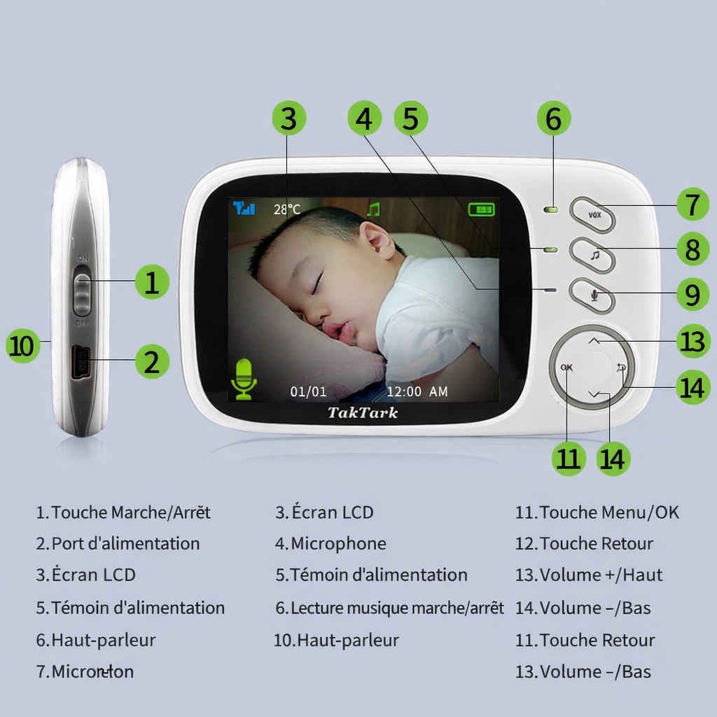 Moniteur Bébé Vidéo 3.2’’ – Vision Nocturne & Détection Température | Audio Bidirectionnel