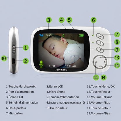 Moniteur Bébé Vidéo 3.2’’ – Vision Nocturne & Détection Température | Audio Bidirectionnel